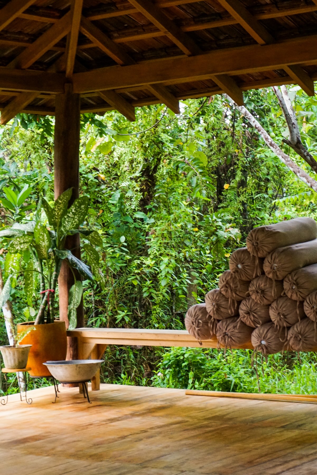 The empty shala — timber floor, bolsters stacked on the bench, jungle pressing in on all sides